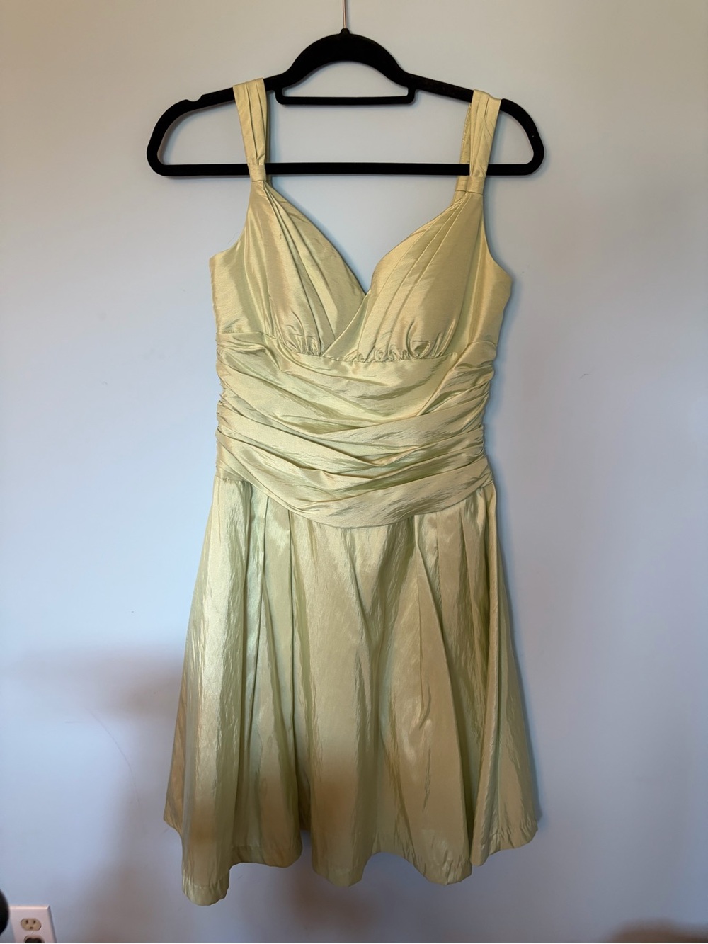Bill Levkoff Sage Green Satin V‑Neck Fit-and-Flare Midi Dress